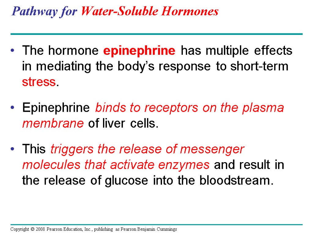Pathway for Water-Soluble Hormones The hormone epinephrine has multiple effects in mediating the body’s